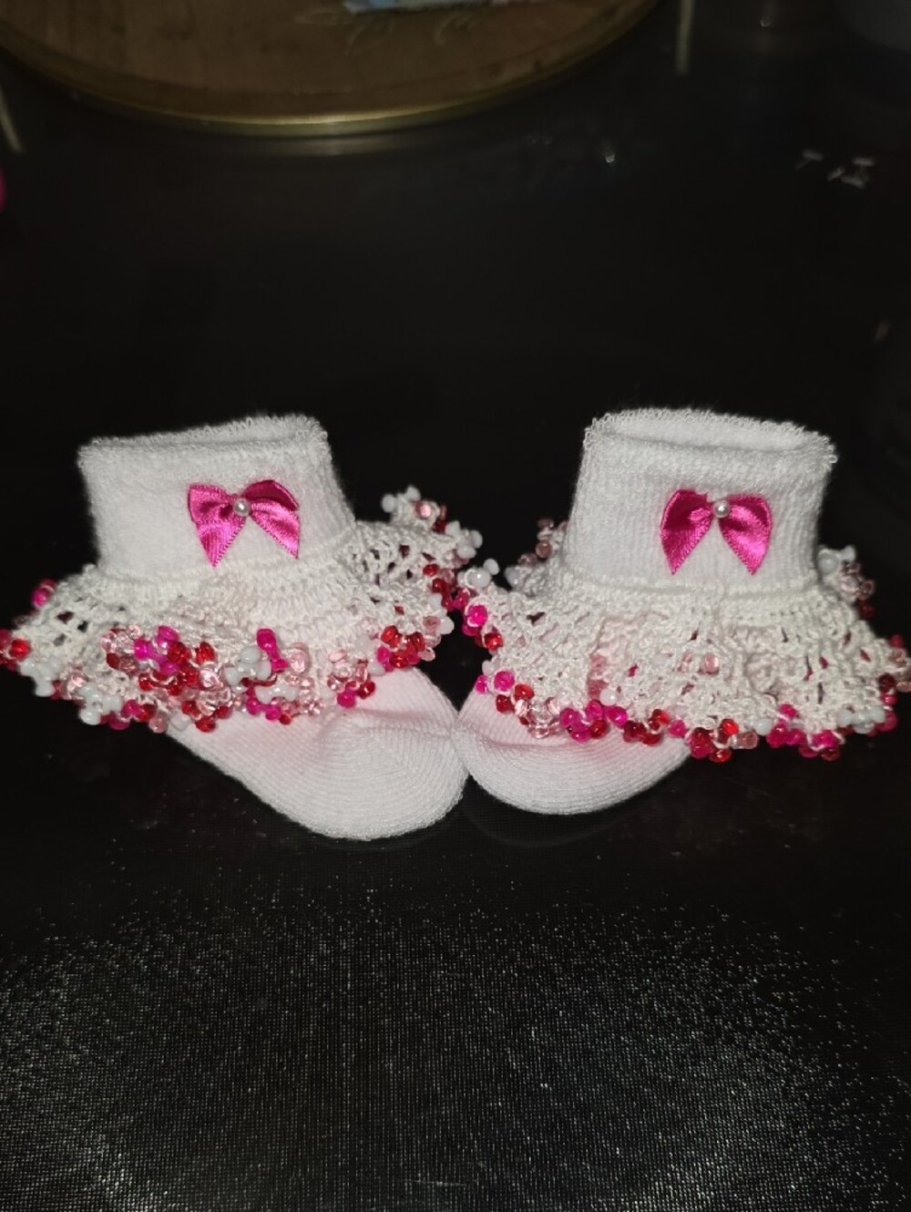 Handmade Pink Baby Booties with Beaded Lace Trim - Picture 2 of 2